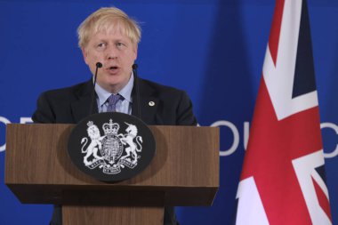 İngiltere Başbakanı Boris Johnson 17 Ekim 2019 'da Brüksel, Belçika' daki Avrupa Birliği Genel Merkezi 'nde düzenlenen bir basın toplantısında bir konuşma yaptı.. 