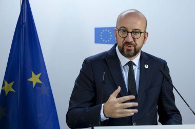 Belçika Başbakanı Charles Michel 17 Ekim 2019 'da Brüksel, Belçika' daki Avrupa Birliği Genel Merkezi 'nde düzenlenen bir basın toplantısı düzenledi.