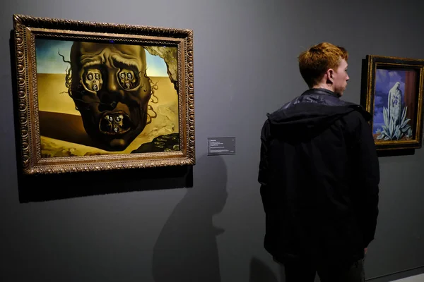 Visitors Look Paintings Surrealist Artists Salvador Dali Rene Magritte Exhibition — Stockfoto