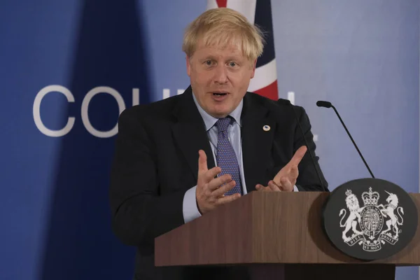 Premier Wielkiej Brytanii Boris Johnson Przemawia Konferencji Prasowej Podczas Szczytu — Zdjęcie stockowe