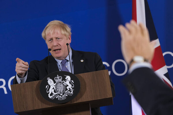 Britain's Prime Minister Boris Johnson addresses a press conference during an European Union Summit at European Union Headquarters in Brussels, Belgium on Oct. 17, 2019. 