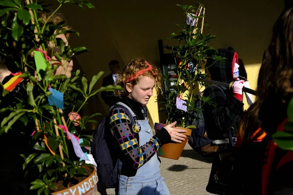 Молодые Люди Размещают Горшки Растениями Привокзальной Площади Штаб Квартиры Европейской — стоковое фото