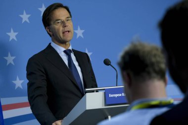 Brüksel, Belçika. 17 Ekim 2019. Hollanda Başbakanı Mark Rutte, Eu liderlerinin zirvesi sonrasında düzenlediği basın toplantısında konuştu.