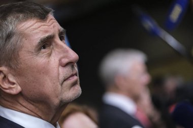 Brüksel, Belçika. 10 Ekim 2019. Çek Cumhuriyeti Başbakanı Andrej Babi, Eu liderleri zirvesine katılmak üzere geldi..