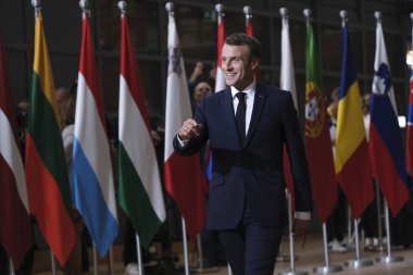 Brüksel, Belçika. 17 Ekim 2019. Fransa Cumhurbaşkanı Emmanuel Macron, bir Eu liderleri zirvesine katılmak üzere geliyor..