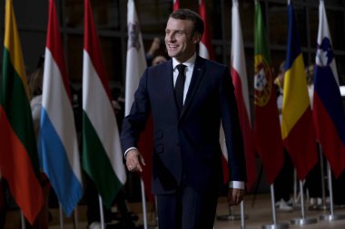 Brüksel, Belçika. 17 Ekim 2019. Fransa Cumhurbaşkanı Emmanuel Macron, bir Eu liderleri zirvesine katılmak üzere geliyor..