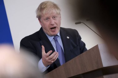İngiltere Başbakanı Boris Johnson 17 Ekim 2019 'da Brüksel, Belçika' daki Avrupa Birliği Genel Merkezi 'nde düzenlenen bir basın toplantısında bir konuşma yaptı.. 