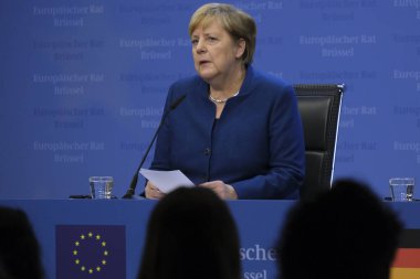 Almanya Başbakanı Angela Merkel, 18 Ekim 2019 'da Brüksel, Belçika' daki Avrupa Birliği Genel Merkezi 'nde düzenlenen Avrupa Birliği Zirvesi sırasında basın toplantısı düzenledi.