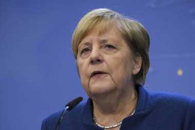 Almanya Başbakanı Angela Merkel, 18 Ekim 2019 'da Brüksel, Belçika' daki Avrupa Birliği Genel Merkezi 'nde düzenlenen Avrupa Birliği Zirvesi sırasında basın toplantısı düzenledi.