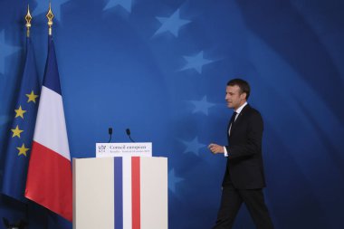 Brüksel, Belçika. 18 Ekim 2019. Fransa Cumhurbaşkanı Emmanuel Macron, Eu liderleri zirvesi sonrasında basın toplantısı düzenledi..