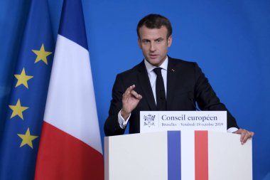 Brüksel, Belçika. 18 Ekim 2019. Fransa Cumhurbaşkanı Emmanuel Macron, Eu liderleri zirvesi sonrasında basın toplantısı düzenledi..