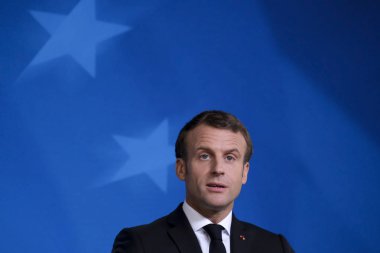 Brüksel, Belçika. 18 Ekim 2019. Fransa Cumhurbaşkanı Emmanuel Macron, Eu liderleri zirvesi sonrasında basın toplantısı düzenledi..