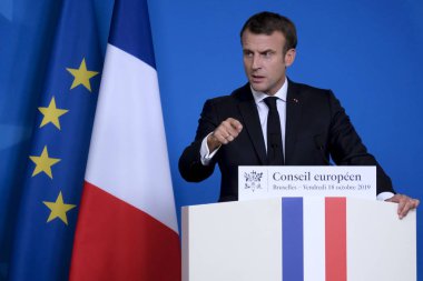 Brüksel, Belçika. 18 Ekim 2019. Fransa Cumhurbaşkanı Emmanuel Macron, Eu liderleri zirvesi sonrasında basın toplantısı düzenledi..