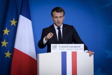 Brüksel, Belçika. 18 Ekim 2019. Fransa Cumhurbaşkanı Emmanuel Macron, Eu liderleri zirvesi sonrasında basın toplantısı düzenledi..