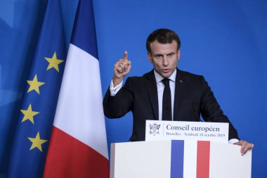 Brüksel, Belçika. 18 Ekim 2019. Fransa Cumhurbaşkanı Emmanuel Macron, Eu liderleri zirvesi sonrasında basın toplantısı düzenledi..