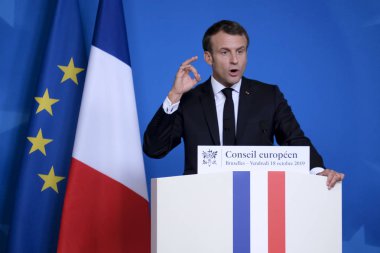 Brüksel, Belçika. 18 Ekim 2019. Fransa Cumhurbaşkanı Emmanuel Macron, Eu liderleri zirvesi sonrasında basın toplantısı düzenledi..