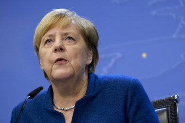 Brüksel, Belçika. 18 Ekim 2019. Almanya Başbakanı Angela Merkel, Eu zirvesinin sonunda basın toplantısı düzenledi.. 