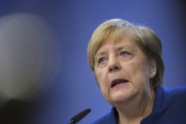 Brüksel, Belçika. 18 Ekim 2019. Almanya Başbakanı Angela Merkel, Eu zirvesinin sonunda basın toplantısı düzenledi.. 