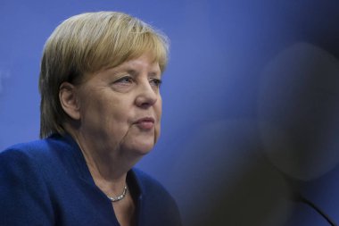 Brüksel, Belçika. 18 Ekim 2019. Almanya Başbakanı Angela Merkel, Eu zirvesinin sonunda basın toplantısı düzenledi.. 
