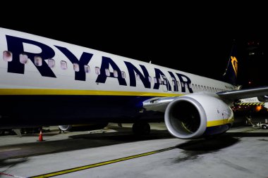 Ryanair 'in düşük maliyetli uçakları, 15 Kasım 2019' da Brüksel, Belçika 'daki Brüksel Uluslararası Havalimanı' nda pistte bulunuyor.