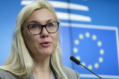 Brüksel, Belçika. 4 Aralık 2019. Eu 'nun Enerji Komiseri Kadri Simson Enerji Konseyi sonuçları hakkında basın toplantısı düzenledi.