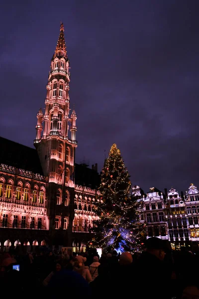 Lights Show Grand Place Huge Christmas Tree Crowd People Enjoying — Fotografia de Stock