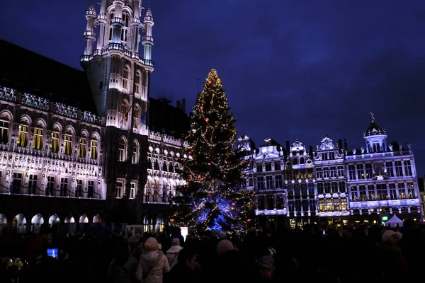 Světelná Show Grand Place Obrovský Vánoční Stromek Davem Lidí Kteří — Stock fotografie