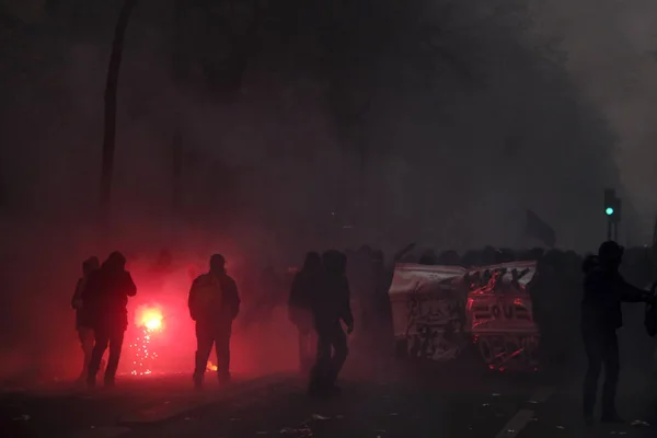 Manifestants Conflit Avec Police Émeute Française Lors Une Manifestation Contre — Photo