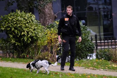Brüksel, Belçika. 1 Aralık 2019. Leoplold Parkı 'nda köpeği olan bir polis memuru yürüyor..