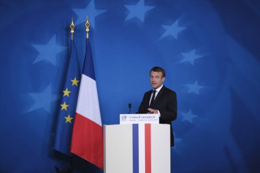 Brüksel, Belçika. 18 Ekim 2019. Emmanuel Macron bir Eu zirvesinin sonunda basın toplantısı düzenledi. 