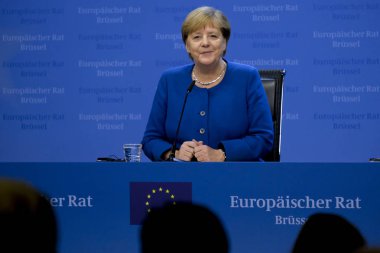 Brüksel, Belçika. 17 Ekim 2019. Almanya Başbakanı Angela Merkel, Eu zirvesinin sonunda basın toplantısı düzenledi.. 