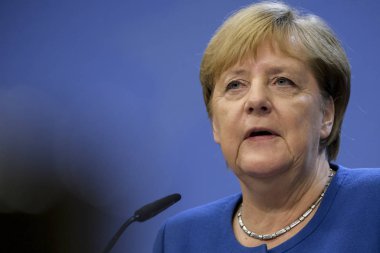 Brüksel, Belçika. 17 Ekim 2019. Almanya Başbakanı Angela Merkel, Eu zirvesinin sonunda basın toplantısı düzenledi.. 