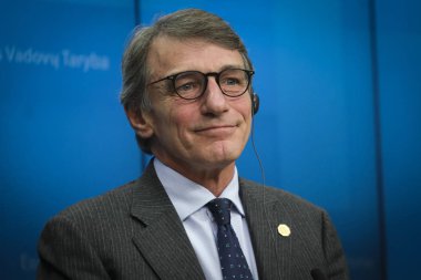Brüksel, Belçika. 12 Aralık 2019. Eu Parlamentosu Başkanı David-Maria Sassoli, Eu Konseyi sonuçları hakkında basın toplantısı düzenledi..