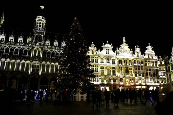 Lights Show Grand Place Huge Christmas Tree Crowd People Enjoying — Stock Photo, Image