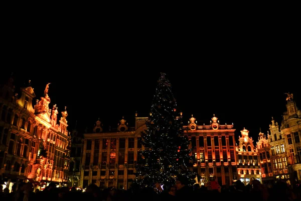 2019年12月20日にベルギーのブリュッセルで開催されるお祝いの雰囲気を楽しむ人々で賑わうグランドプレイスと巨大なクリスマスツリーのライトショー — ストック写真