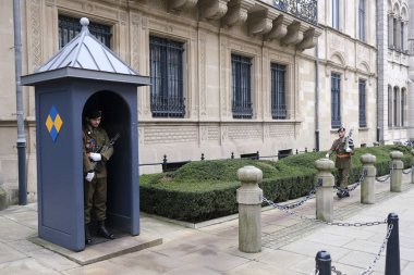 12 Aralık 2020 'de Lüksemburg' daki Grandük Sarayı 'nın önünde muhafızlar bekliyor..