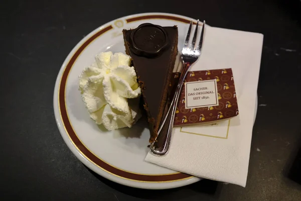 Eredeti Sacher Torta Bécsi Hotel Sacherben Ausztriában 2019 December — Stock Fotó