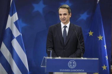 Yunanistan Başbakanı Kyriakos Mitsotakis 13 Aralık 2019 'da Brüksel, Belçika' da düzenlenen Avrupa Birliği Zirvesi sonrasında basın mensuplarına seslendi