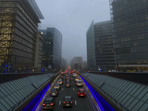 Atasco Tráfico Calle Central Bruselas Bélgica Enero 2020 — Foto de Stock