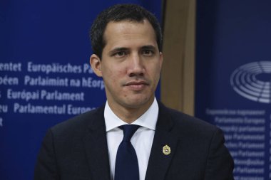 Venezuela muhalefet lideri Juan Guaido, 22 Ocak 2020 'de Brüksel, Belçika' daki Avrupa Parlamentosu 'nda düzenlediği basın toplantısında konuştu..