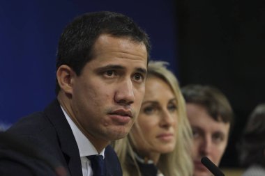 Venezuela muhalefet lideri Juan Guaido, 22 Ocak 2020 'de Brüksel, Belçika' daki Avrupa Parlamentosu 'nda düzenlediği basın toplantısında konuştu..