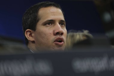 Venezuela muhalefet lideri Juan Guaido, 22 Ocak 2020 'de Brüksel, Belçika' daki Avrupa Parlamentosu 'nda düzenlediği basın toplantısında konuştu..