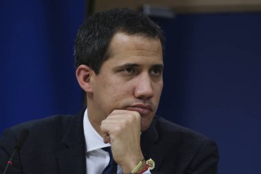Venezuela muhalefet lideri Juan Guaido, 22 Ocak 2020 'de Brüksel, Belçika' daki Avrupa Parlamentosu 'nda düzenlediği basın toplantısında konuştu..