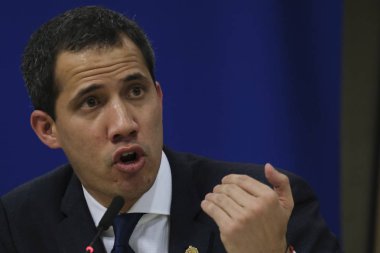 Venezuela muhalefet lideri Juan Guaido, 22 Ocak 2020 'de Brüksel, Belçika' daki Avrupa Parlamentosu 'nda düzenlediği basın toplantısında konuştu..