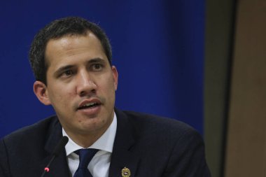 Venezuela muhalefet lideri Juan Guaido, 22 Ocak 2020 'de Brüksel, Belçika' daki Avrupa Parlamentosu 'nda düzenlediği basın toplantısında konuştu..