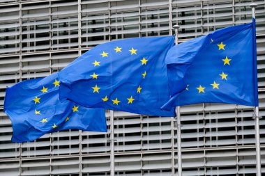 Brüksel, Belçika. 30 Ocak 2020. Avrupa bayrakları Eu karargahının önünde dalgalanıyor.