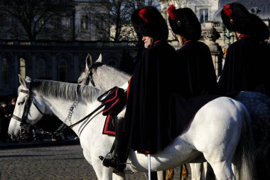 Brüksel, Belçika. 6 Şubat 2020. Kraliyet Atlı Muhafızları, Kraliyet Sarayı 'nın önündeki bir gösteri sırasında....