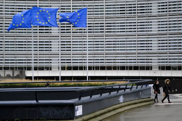 Bruselas Bélgica Febrero 2019 Banderas Europeas Ondean Viento Fuera Sede —  Fotos de Stock