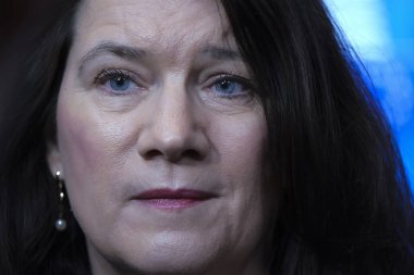 Brüksel, Belçika. 17 Şubat 2020. İsveç Dışişleri Bakanı Ann Linde, Eu dışişleri bakanları ve üst düzey yetkililer toplantısı için Eu karargahına geldi.