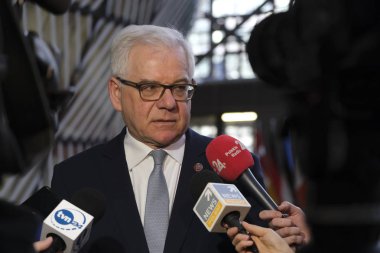 Brüksel, Belçika. 17 Şubat 2020. Polonya Dışişleri Bakanı Jacek Czaputowicz, olağanüstü bir Eu Dışişleri Bakanları Konseyi toplantısına katılmak üzere geldi.